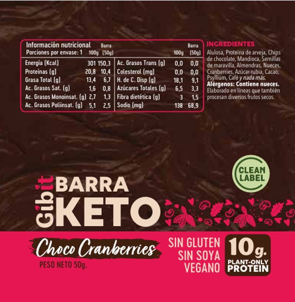 Barra Proteína Gibit - Choco Cranberries Keto 45 g (16 un)